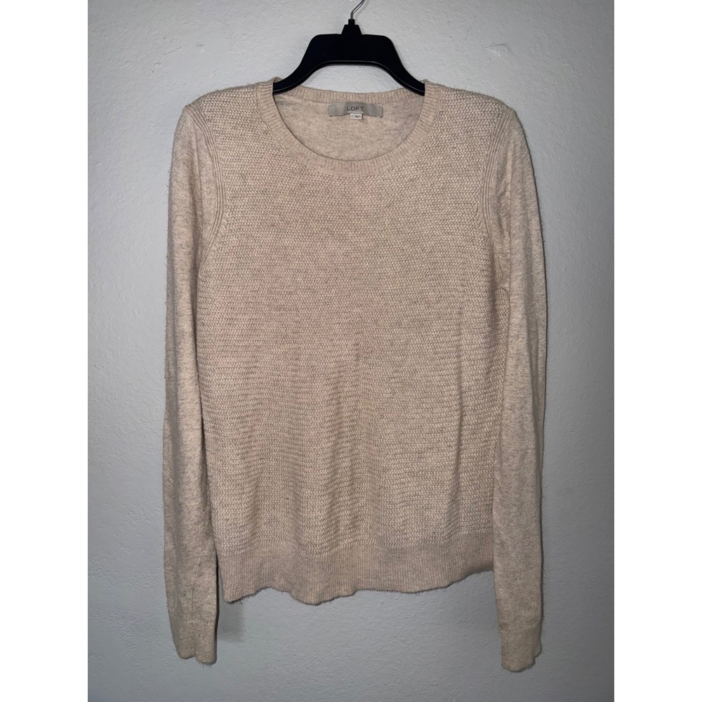 Ann Taylor LOFT Womens Beige Oatmeal Textured Knit Crew Neck Sweater Large
